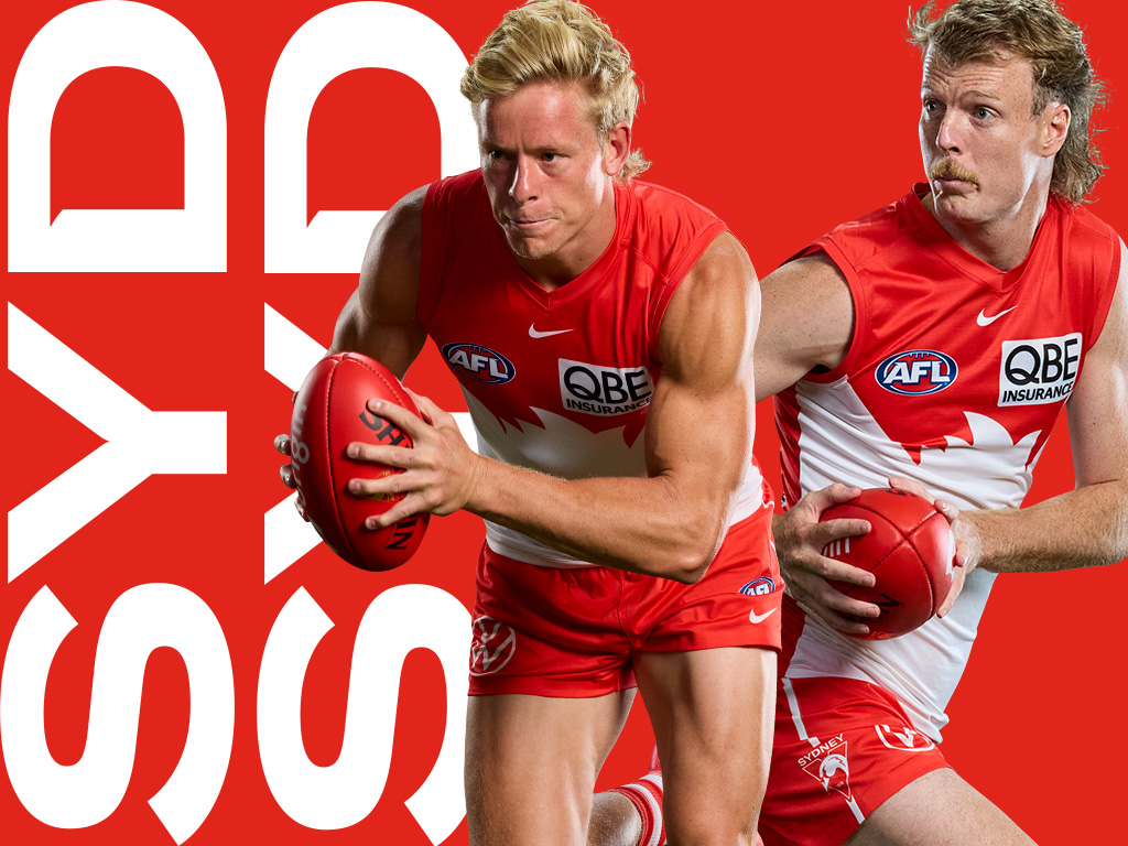 MCC Sydney Swans Dual Membership tile Sydney Swans players in front of a red and white background